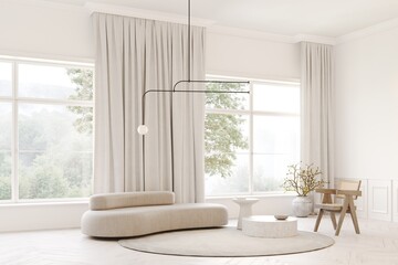 Fototapeta na wymiar 3d rendering of modern living room with rounded cream sofa and marble coffee table, cornice. white wall , carpets on parquet, decor. Large windows with curtains overlooking the garden