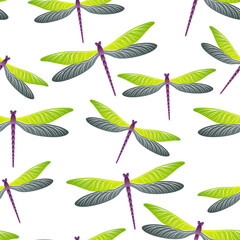 Dragonfly simple seamless pattern. Repeating dress textile print with damselfly insects. Close up