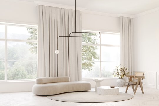  3d rendering of modern living room with rounded cream sofa and marble coffee table, cornice. white wall , carpets on parquet, decor. Large windows with curtains overlooking the garden