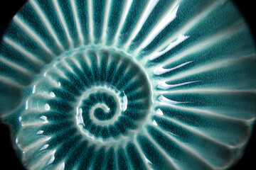 close up of blue cyan color glass decorative shell macro background