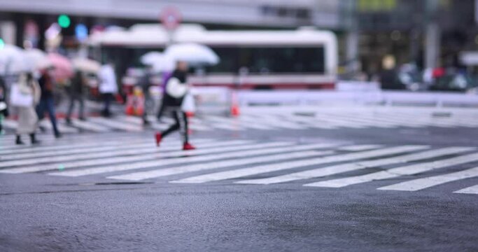 A slow motion of walking people at the crossing in Shibuya rainy day
