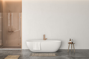 Naklejka na ściany i meble Modern minimalist beige bathroom interior, modern bathroom cabinet with interior plants, bathroom accessories . 3d rendering 