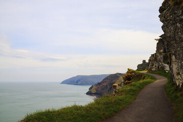 Hiking trail in the high mountains overlooking the sea. Lynmouth, Devon, England, UK