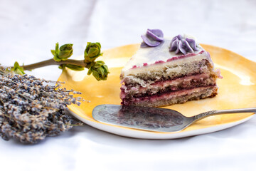 a piece of cake on a plate. Lavender cake on a white background