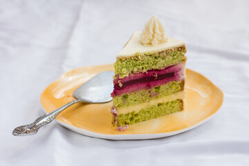 a piece of cake on a plate. Confectionery