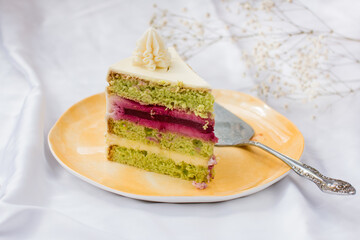 a piece of cake on a plate. Confectionery