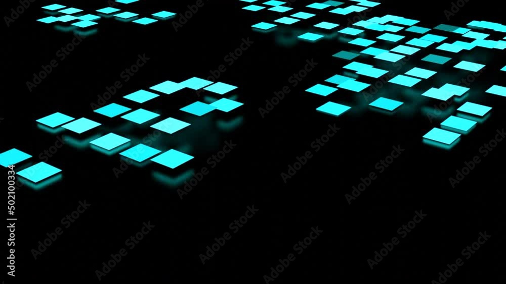 Poster black background. design.blue small squares that jump in abstraction chaotically in abstraction.