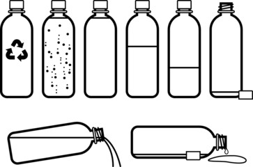 set of vector bottle line drawings with water
