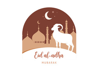 Eid Al Adha festival. Greeting card with sacrificial sheep and crescent on cloudy night background. Eid Mubarak theme. Vector illustration.