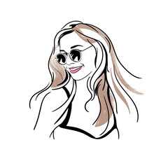 Beautiful fashion girl woman in sunglasses with long hair. line art. Black and white monochrome drawing. Fashionable female image. Sketch.