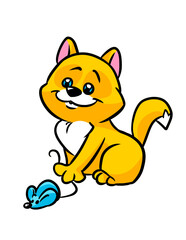 Little cat joy caught a mouse Animal character cartoon illustration