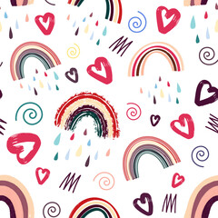 Romantic pattern with rainbows, hearts, rain, doodles. Creative childrens illustration in a fashionable Scandinavian style. 