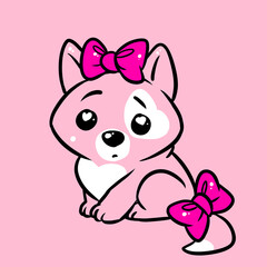 Little cute kitten girl pink postcard cartoon illustration