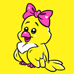 Little girl bird yellow greeting card Animal character cartoon illustration