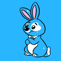 Fototapeta na wymiar Rabbit cheerful kind smile blue postcard cartoon illustration