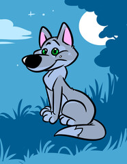 wolf night forest nature animal character cartoon illustration