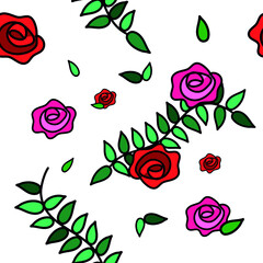 Seamless fabric vector pattern ready to print: cute cartooned flowers: red, pink roses and leaves