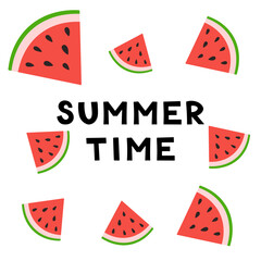 Summer Card Watermelon slice. Summer fruit and berry concept. Vector illustration for web design, gift cards, banner, advertising, promotion.