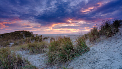 Winter sunset on the dunes of East Head in the Chichester Harbour AONB, West Sussex