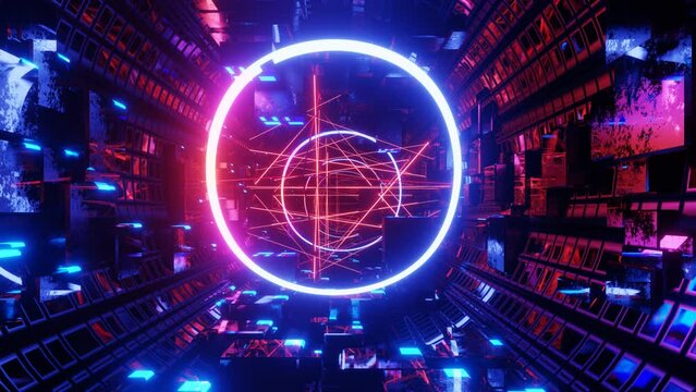 Hi-tech neon sci-fi tunel. Trendy neon glow lines form pattern and construction in mirror tunnel. Beautiful neon tunnel. Fly through technology cyberspace. 3d looped seamless 4k bright youth bg. Laser