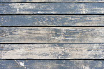 Wooden background. Old blue painted wooden plank surface, aged weathered cracked boards. Grunge shabby texture.