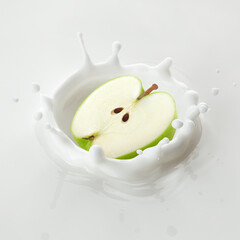 green Apple falls into milk, yoghurt, sour cream, Splash