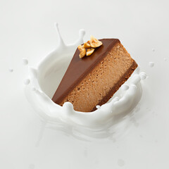 Chocolate cheesecake falls into milk, yoghurt, sour cream, Splash
