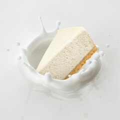 Cheesecake falls into milk, yoghurt, sour cream, Splash
