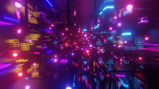 Data flow. Big data or blockchain digital space. Fly through hi-tech futuristic environment or neon tunnel, complex sci-fi structure. 3d seamless background in 4k. Information stream concept.