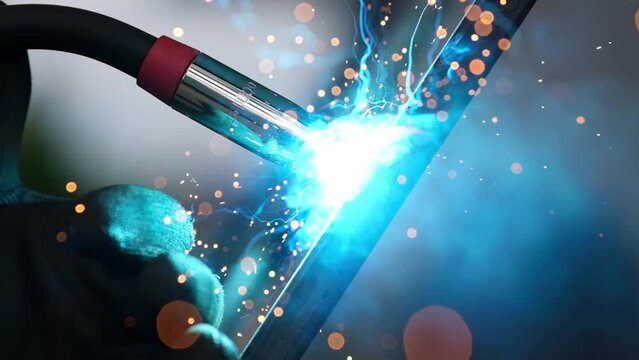 Welding sparks, slow motion. A worker uses a welding machine. Closeup of a welding machine in work. Worker welds metal.