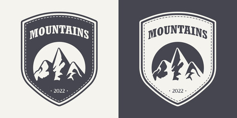 Vector Ventage Labels with Hand Drawn Mountains. 2022. Illustration for Ski Resort, Hiking, Climbing, Mountain Biking Logo Set. Drawing Winter Landscape, Camping Design