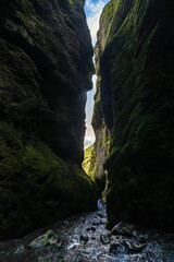 View during auto trip in West Iceland highlands, Snaefellsnes peninsula, Snaefellsjokull National Park. Spectacular volcanic view of Raudfeldsgja Gorge.