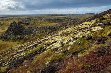 Fototapeta na wymiar Spectacular volcanic view from Saxholl volcano Crater, Snaefellsnes peninsula, Snaefellsjokull National Park, West Iceland.
