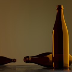 empty brown beer bottles at sunset