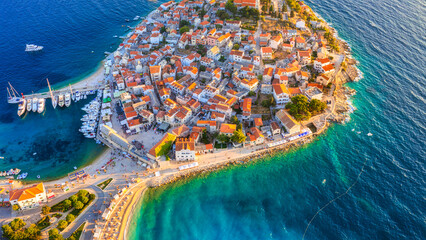 Primosten town, Croatia. View of the city from the air. Seascape with beach and old town. View from...
