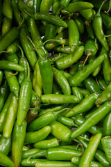 Green chilies placed on a shelf for sale within a market