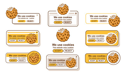 Web cookies tracking, use website browser data security policy icon set. Internet protection personal information. Search, accept safety info. Bite biscuit. Popup user interface landing page. Vector 