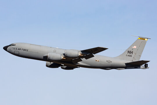 Avalon, Australia - March 2, 2015: United States Air Force (USAF) Boeing KC-135R Stratotanker aerial refueling aircraft from the 154th Wing from Hickam Air Force Base.