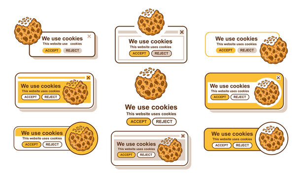 Web cookies tracking, use website browser data security policy icon set. Internet protection personal information. Search, accept safety info. Bite biscuit. Popup user interface landing page. Vector 