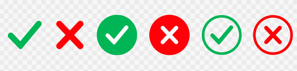Obraz premium Yes or no icon. Green tick symbol and red cross sign in circle. Checkmark and check icon. Approval. Like and dislike icon. X or approve or deny line art vector icon for apps and websites and ui ux.