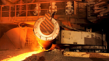 Close up for the steel furnace with temerature indicators at the metallurgical factory shop, heavy...