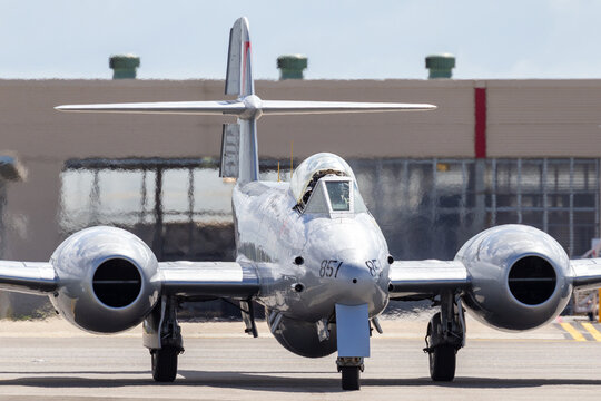 Avalon, Australia - March 1, 2015: Gloster Meteor F.8 aircraft VH-MBX in Korean War era Royal Australian Air Force (RAAF) markings taxiing at Avalon airport.