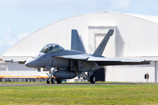Avalon, Australia - March 1, 2015: Royal Australian Air Force (RAAF) Boeing F/A-18F Super Hornet multirole fighter aircraft taxiing at Avalon airport.