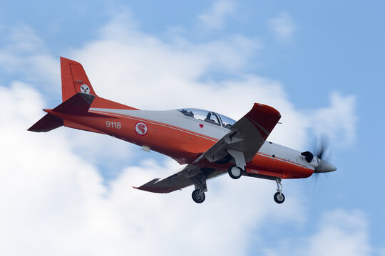 Avalon, Australia - February 21, 2015: Republic of Singapore Air Force (RSAF) Pilatus PC-21 advanced military training aircraft based at RAAF Pearce in Western Australia.