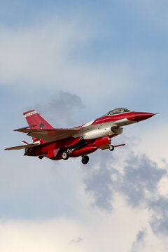 Avalon, Australia - February 21, 2015: Republic of Singapore Air Force (RSAF) Lockheed Martin F-16CJ Fighting Falcon fighter aircraft of the Black Knights display team on approach to land.