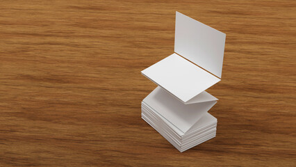 Stack of blank white business card, namecard mockup on wood table, promote company brand, 3D rendering.