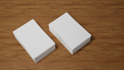 Stack of blank white business card, namecard mockup on wood table, promote company brand, 3D rendering.