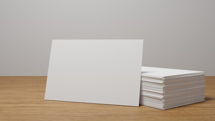 Stack of blank white business card, namecard mockup on wood table, promote company brand, 3D rendering.