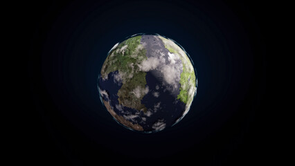 View through clouds on the Earth from space, seamless loop. Animation. Abstract homeworld, amazing blue globe spinning on black cosmos background with many white stars.
