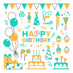 Happy Birthday flat line icons set. Color anniversary elements on white background for carnival event celebration invitation banner, card design. Gift box balloon birthday cake hat vector illustration